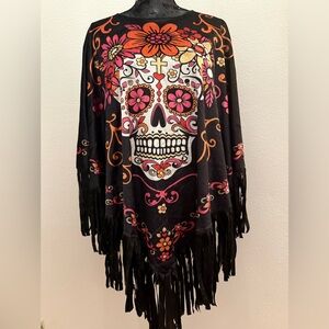 Day Of The Dead Sugar Skull Poncho With Fringe One Size Fits Most EUC